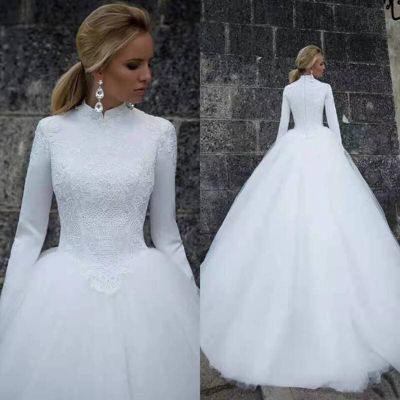 New African Muslim Wedding Dress Long-Sleeved High-Neck Vintage Lace Trailing Wedding Dress White All-Inclusive Style
