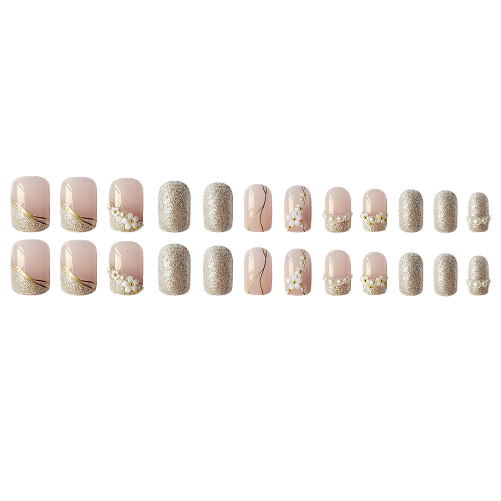 Pink Gold a juego, combinación de colores, armadura de desgaste de moda, brillo, perla, flor de pera, uñas de uñas, 24 piezas, pegatinas de uñas de diamantes blancos
