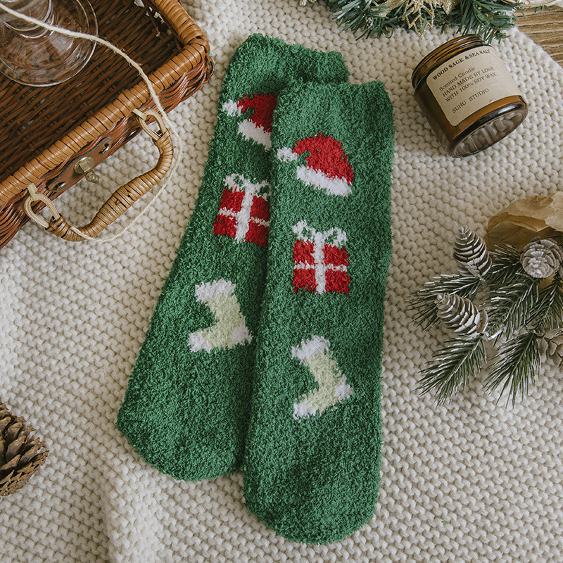 Calcetines de Felpa para Piso Vellón de Coral y Poliéster Térmico, Secado Rápido, Engrosado para Navidad