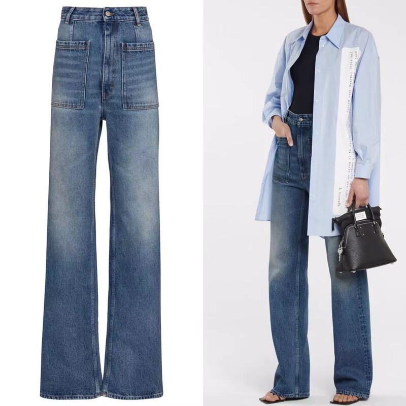 Special Offer 21 Autumn and Winter European and American Mm6 Same Style Trendy Brand Retro Front Square Flap Pocket Pants Loose Straight High Waist Jeans for Women