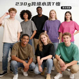 230g美式水洗做旧T恤纯棉宽松oversize复古体恤炒雪花短袖印logo