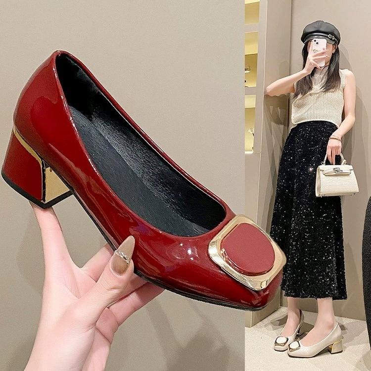 Женские туфли-лодочки из лакированной кожи на высоком каблуке, универсальные, на весну-осень 2025 года, квадратный носок, толстый каблук, модные.