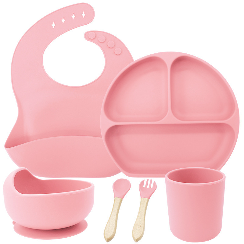 Conjunto de cubiertos de silicona para niños de grado alimenticio, platos de comedor de tres compartimentos, tazas de agua de silicona para bebés, tazas de silicona para estudiantes