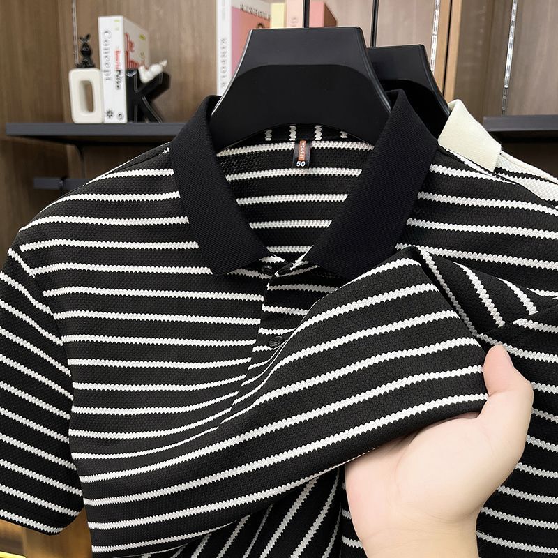 Men's polo shirt, short-sleeved black and white striped t-shirt, 2026 new summer fashion, youth casual trendy top for men