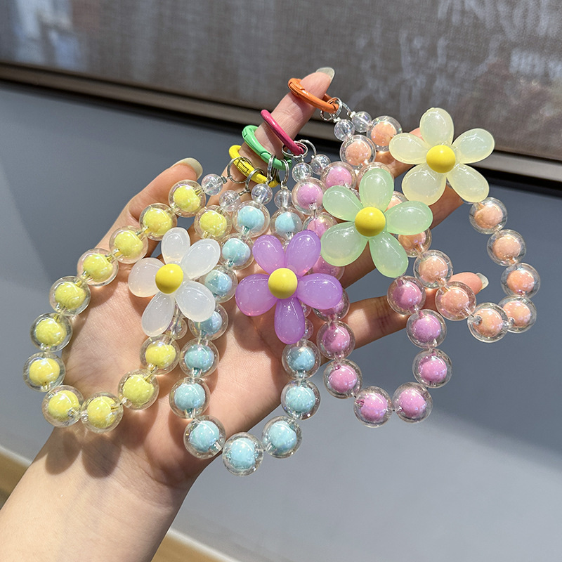 Macaron Colorful Handmade Beaded Mobile Phone Chain Acrylic Jelly Petal Japanese-Korean Ins Mobile Phone Lanyard Wrist Rope