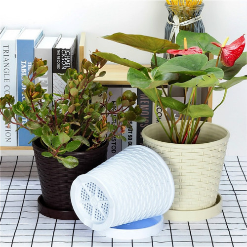 Thickened bamboo flower pot, indoor round pothos succulent resin plastic pot with tray factory direct sale