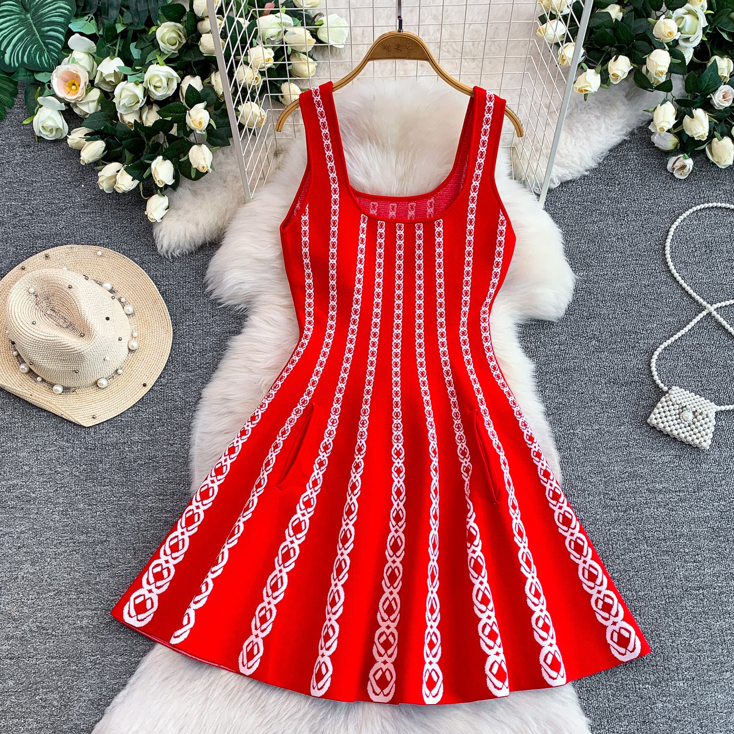 Luxury Petite Embroidered Knit Dress for Women Elegant Slimming A-Line Slip Summer Style Striped Charm_ecoleips.com