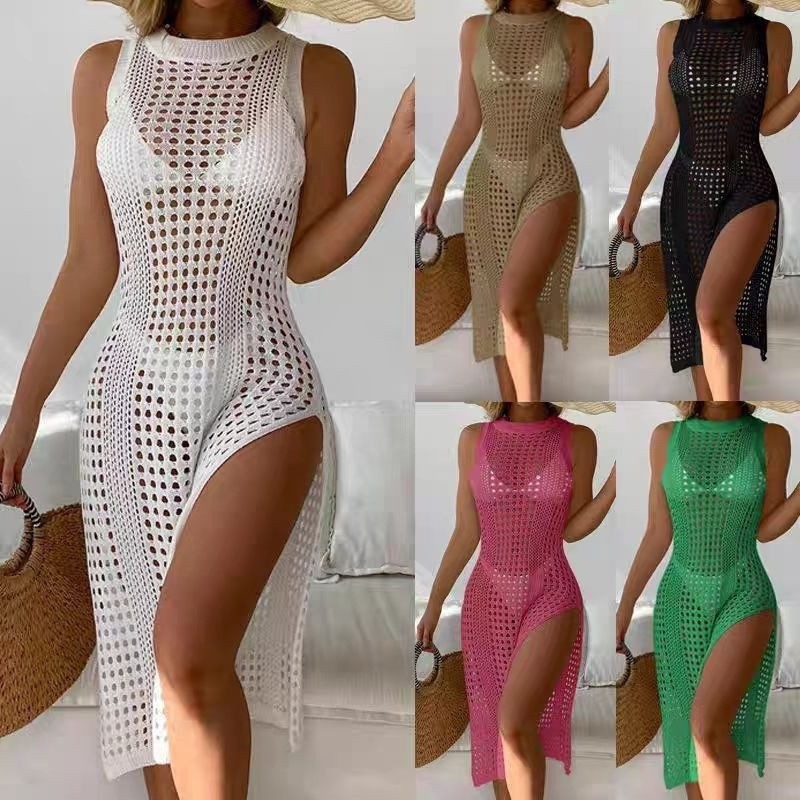 Sexy solid color breathable knitted beach dress with a round collar…