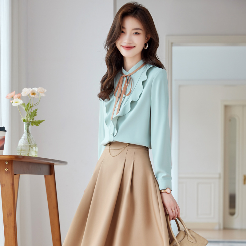 2025 New Korean Style Lace Long Sleeve Bow Shirt Professional Slim Work Clothes Large Size Formal Shirt Women