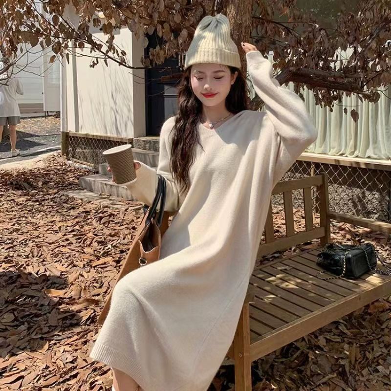 Knitted Sweater Long-Sleeved Hooded Knitted Dress Women's New Niche Design Loose Slimming Bottoming Long Skirt