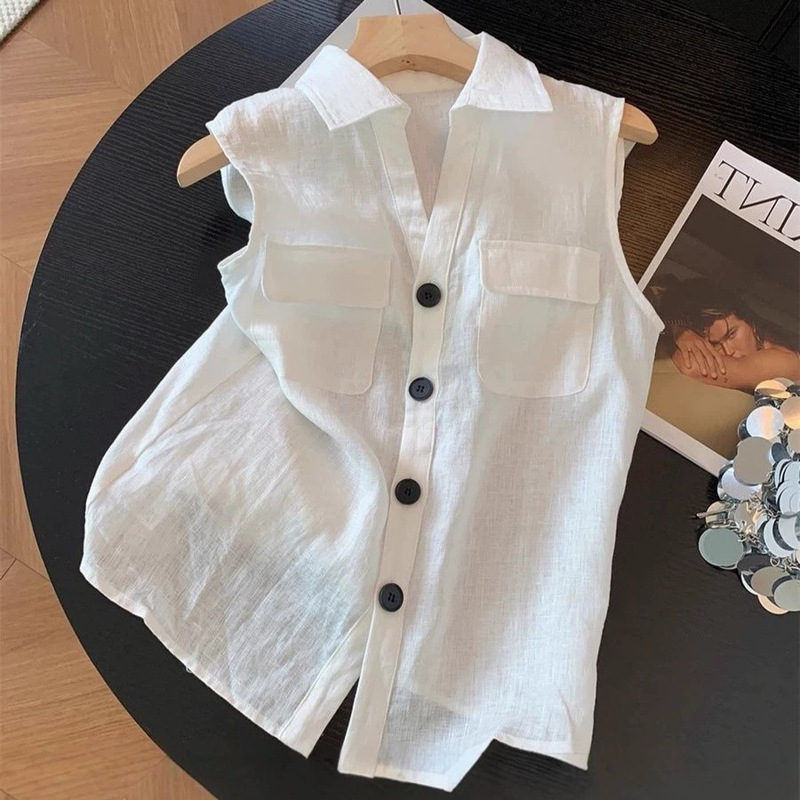 2026 White Old Money Style Elegant Simple Sleeveless Shirt Summer Thin Loose Single-Breasted Women's Vest Top 2026 White Old Money Style Elegant Simple Sleeveless Shirt Summer Thin Loose Single-Breasted Women's Vest Top