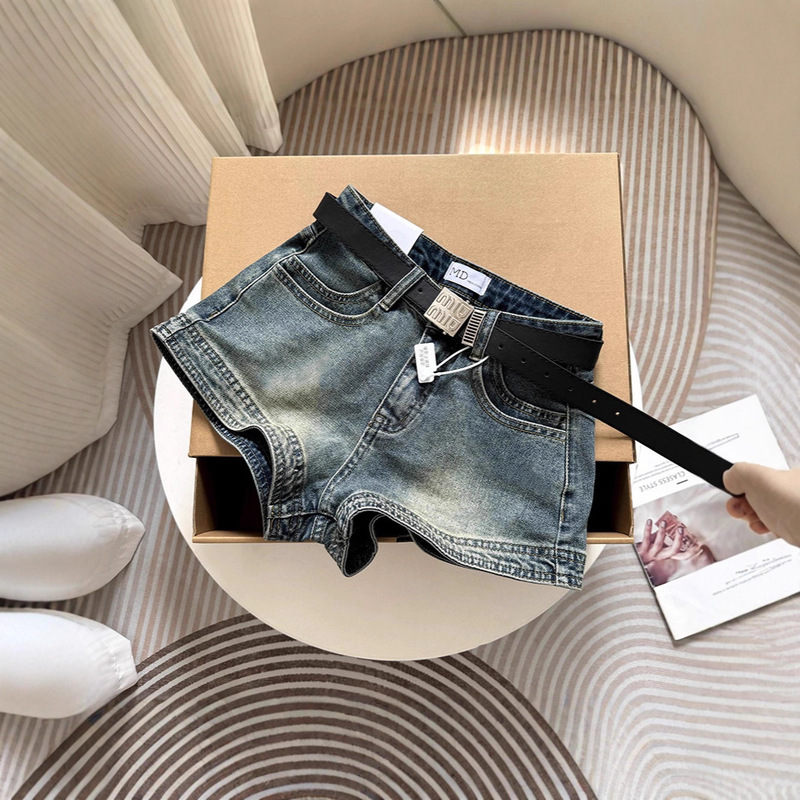 Blue-Gray High-Waisted Vintage Stretch Denim Shorts for Women, 2026 New Summer A-Line Slimming Hot Pants Blue-Gray High-Waisted Vintage Stretch Denim Shorts for Women, 2026 New Summer A-Line Slimming Hot Pants