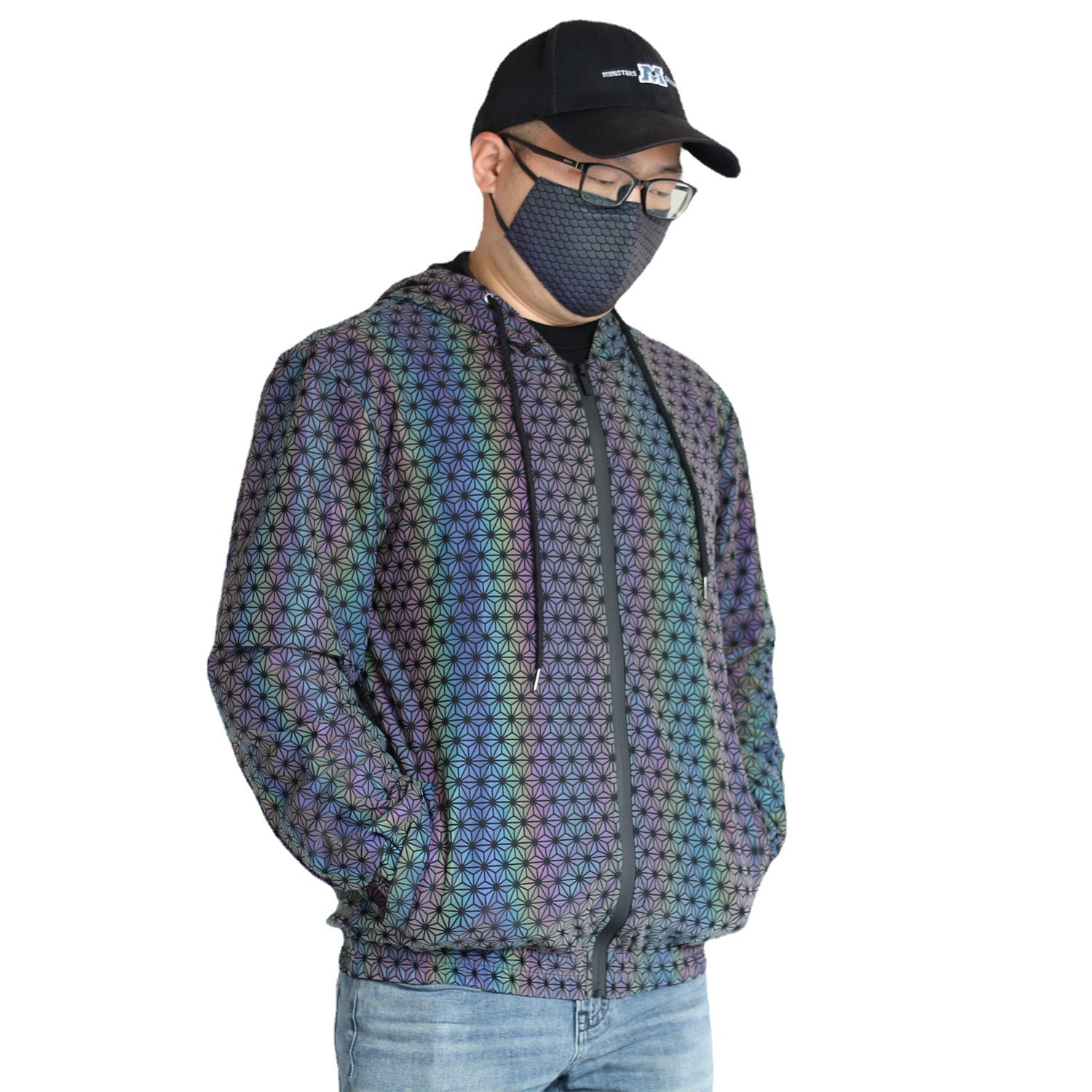 Men's Clothing new geometric pattern colorful reflective jacket men knitted breathable rainbow color luminous jacket men's clothing_voghion.com