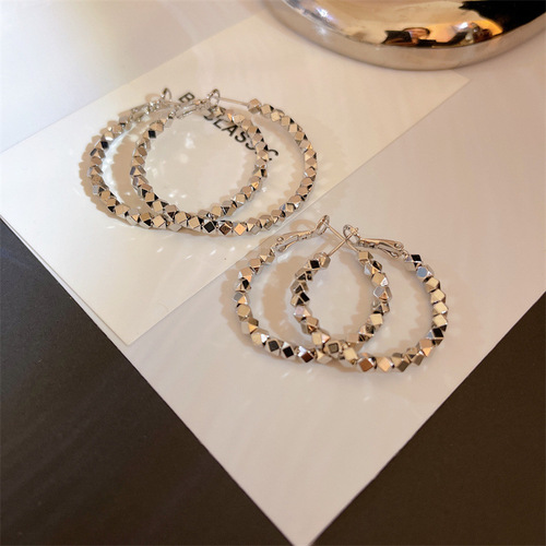 Stylish mosaic plain hoop earrings with geometric rhombus silver beads, versatile temperament metal style minimalist large hoop earrings, personalized