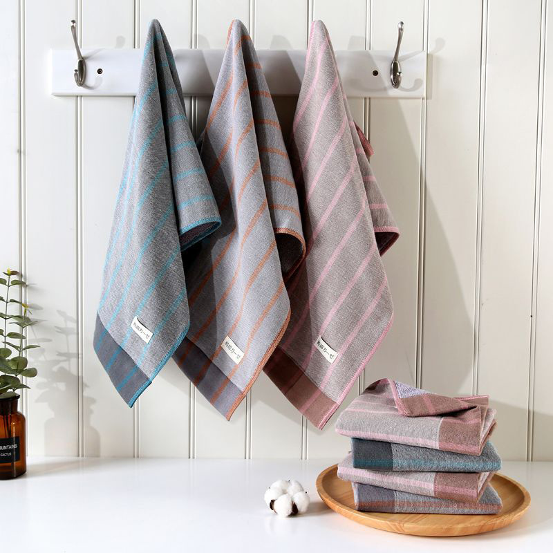 Manufacturer Wholesale Cotton Yarn Towels, Comfortable Korean Style, Absorbent, Simple Gray Fine Stripe Print, Vintage, Soft and Comfortable for Adults