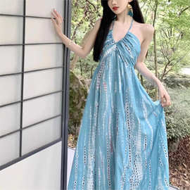 波西米亚度假连衣裙女夏季新款法式旅游拍照海边沙滩裙气质长裙子
