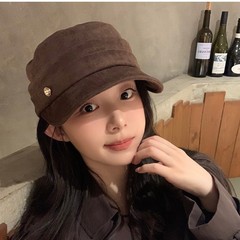 2025新款 美拉德复古咖色贝雷帽女秋冬麂皮绒平顶马术帽报童帽