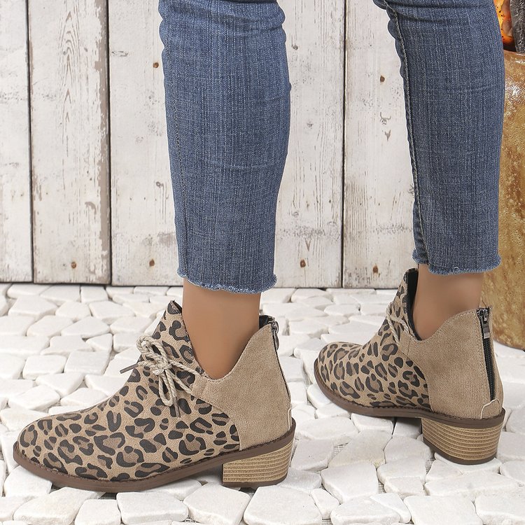 Große größe leopard print niedrigen ferse spitze kurze stiefel weibliche herbst und winter neue ein fuß steigbügel_voghion.com