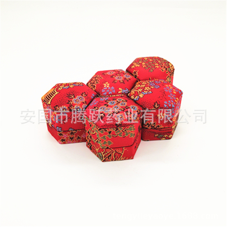 Hexagonal Brocade Gift Box Red Silk Covered Empty Pill Packaging Case overview