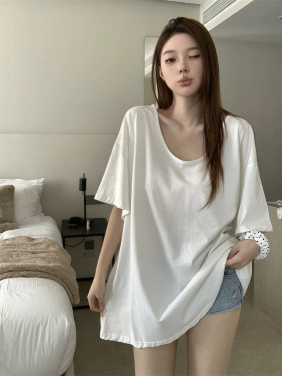 Solid color long summer white short sleeve T-shirt