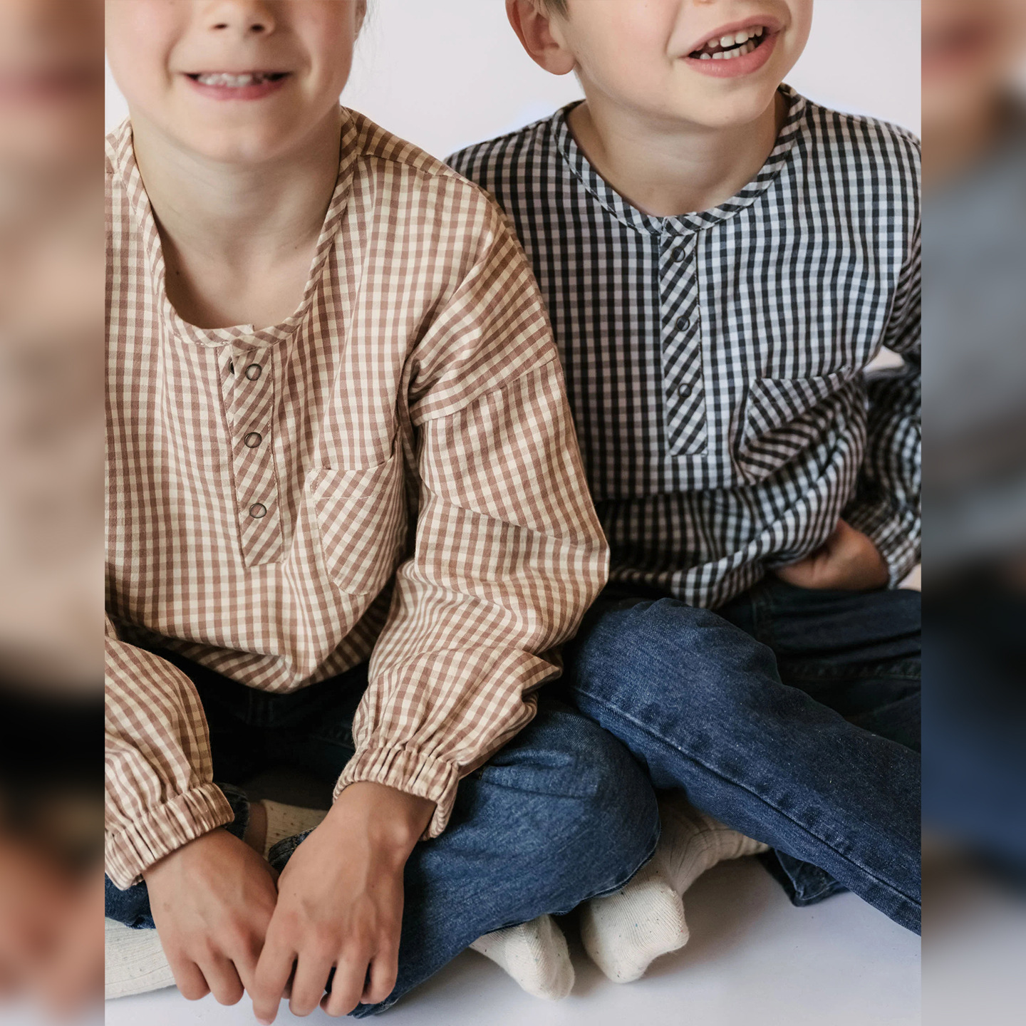 森系棉麻格纹长袖衬衫男女儿童2025秋季新款百搭休闲亲肤内搭上衣