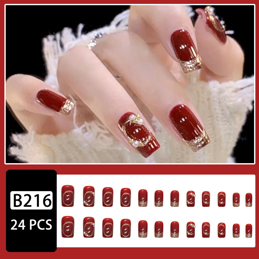 24 piezas por caja vino rojo brillante diamante falso uñas rojo fuego uñas arte brillante polvo de oro venta caliente nuevo diamante desgaste uñas