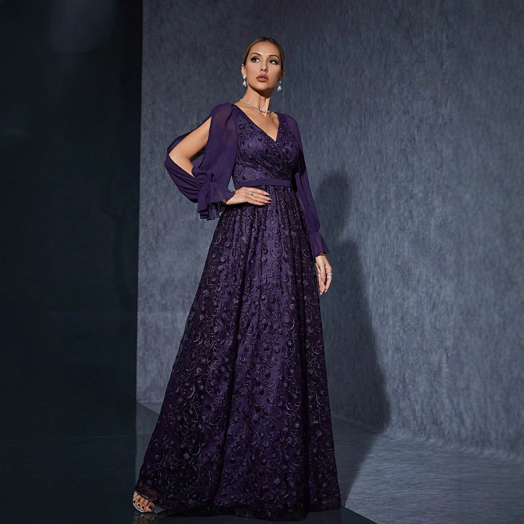 Cross-border Amazon V-neck long sleeve dress performance host elegant evening dress slim temperament ball dress