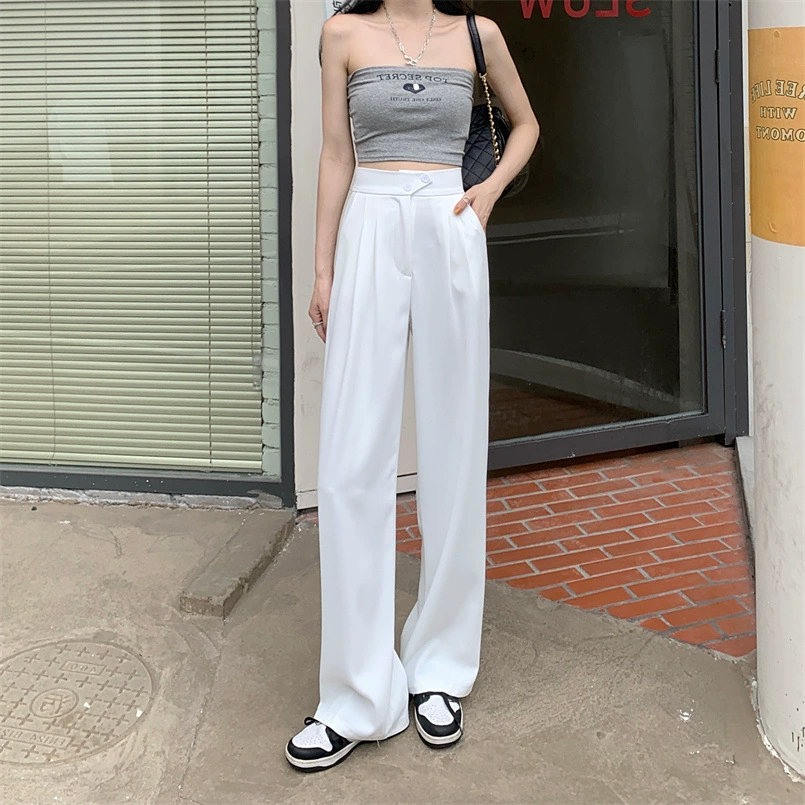 High-Waist Wide-Leg Trousers, Women's Korean Straight Fit, Loose Tailored Design, Black/Khaki/White