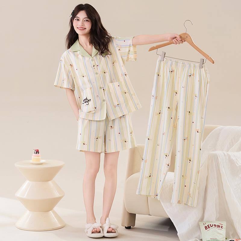 Pure Cotton Pajamas 2026 Spring and Summer Women's Three-Piece Set with Chest Pads, Lapel, Short Sleeves, and a High-End Feel for Home Wear Pure Cotton Pajamas 2026 Spring and Summer Women's Three-Piece Set with Chest Pads, Lapel, Short Sleeves, and a High-End Feel for Home Wear