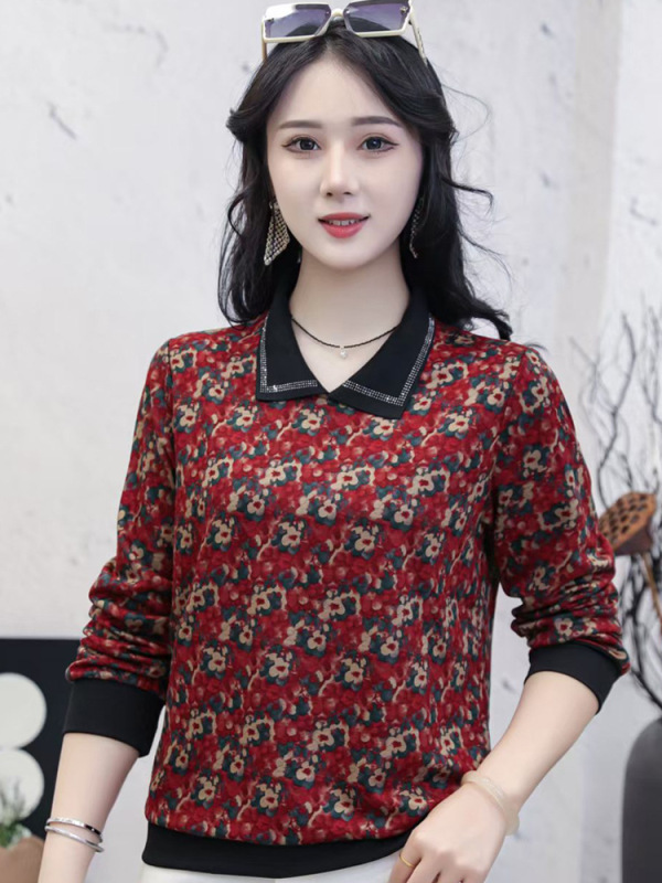 中老年女装2025秋装新款长袖T恤小衫大码宽松妈妈装春秋带领洋气|undefined