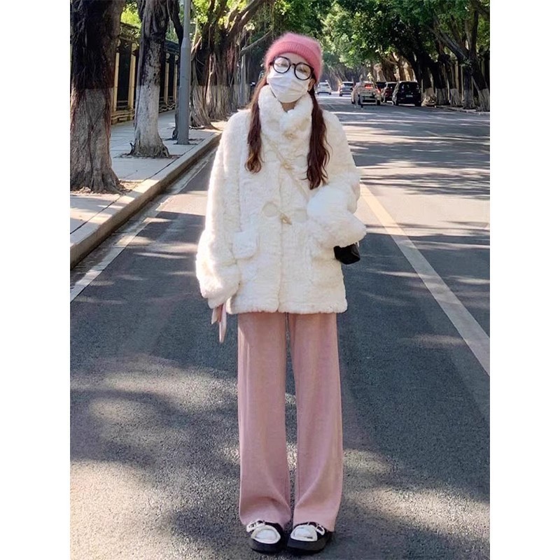 小香风白色羊羔毛外套女秋冬季毛茸茸仿兔毛绒加厚棉服秋季中长款|undefined