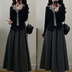 大码女装胖mm假两件翻领刺绣上衣+百褶长裙两件套