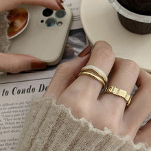 韩版多层线条戒指女复古简约几何不规则白贝母双层戒指小众设计感