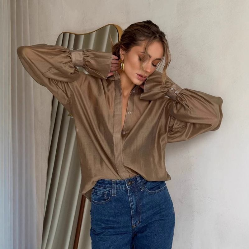 European and American Women's Clothing 2025 Spring New Style Fresh Loose Lapel Lantern Sleeve Long-Sleeve Shirt Women's Top Loose Fit