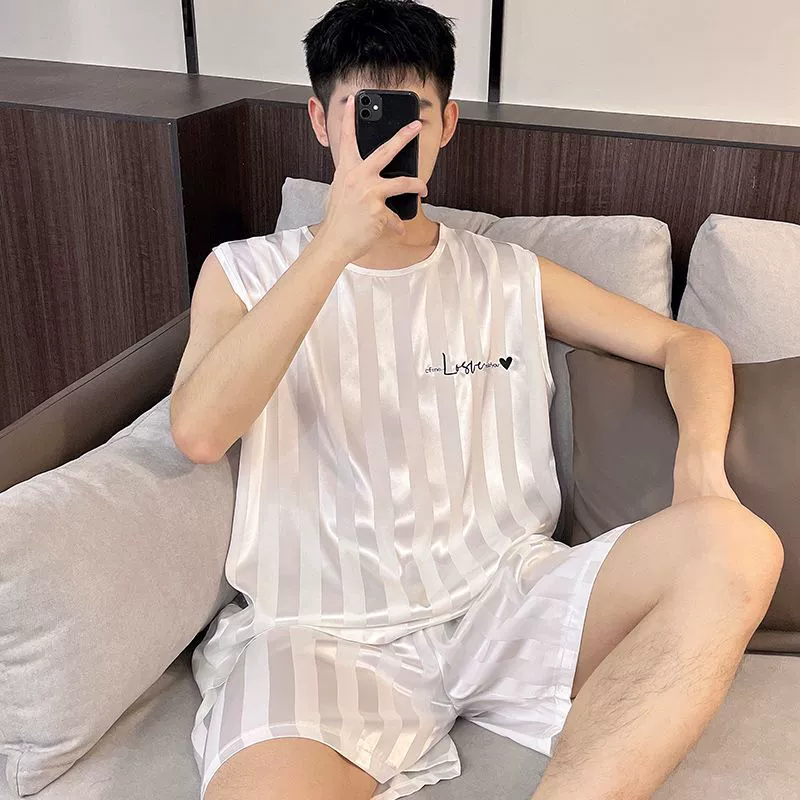 Summer solid pijama sleevless for leisure, silk vest, set