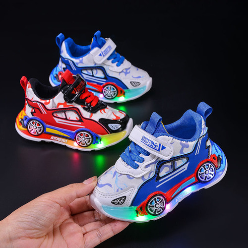 Boys' 2025 Spring and Autumn Cartoon Character Leather Surface LED Light-up Sneakers for Boys, Size 6-12