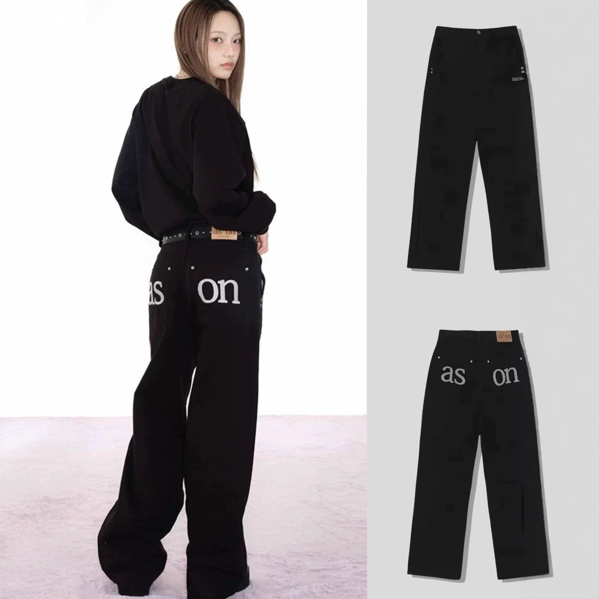 Aso*Korean Niche Autum New Flap Pocket Pants Letter Embroidered Jeans Loose Straight Slim High Waist Pants for Women