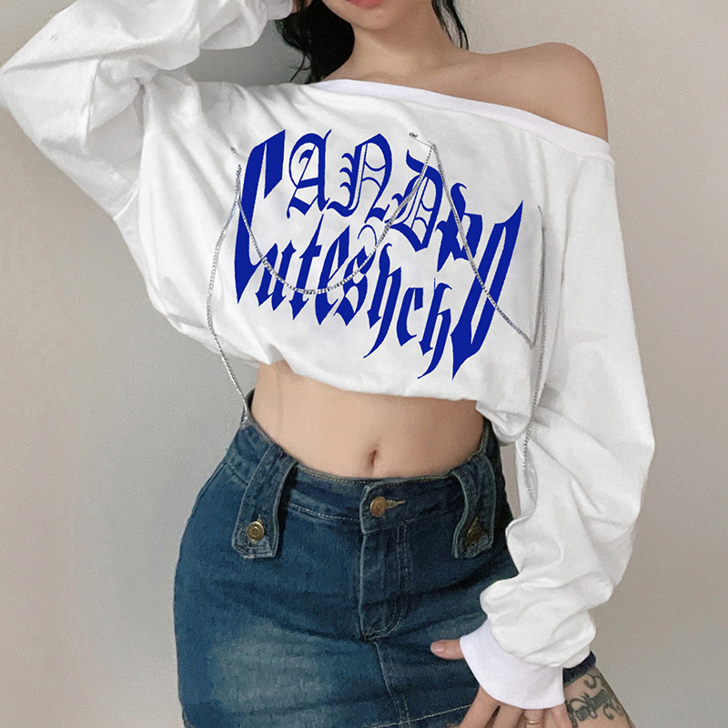 Chain Letter Print Loose long-sleeved Leaked Shoulder Short Sweatshirt   NSGWY117492