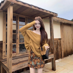 美拉德一字肩长袖针织衫碎花半身裙短裙女2025秋季新款时尚两件套