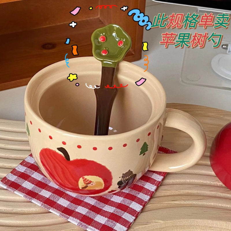 セラミックマグ高温耐性レトロアップルツリーマグ蓋付きスプーンセラミックマグ親友ギフトコーヒーカップ|undefined