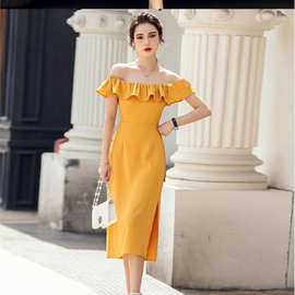 锁骨一字肩连衣裙定制夏高级感设计小众名媛气质红色开叉长裙女装