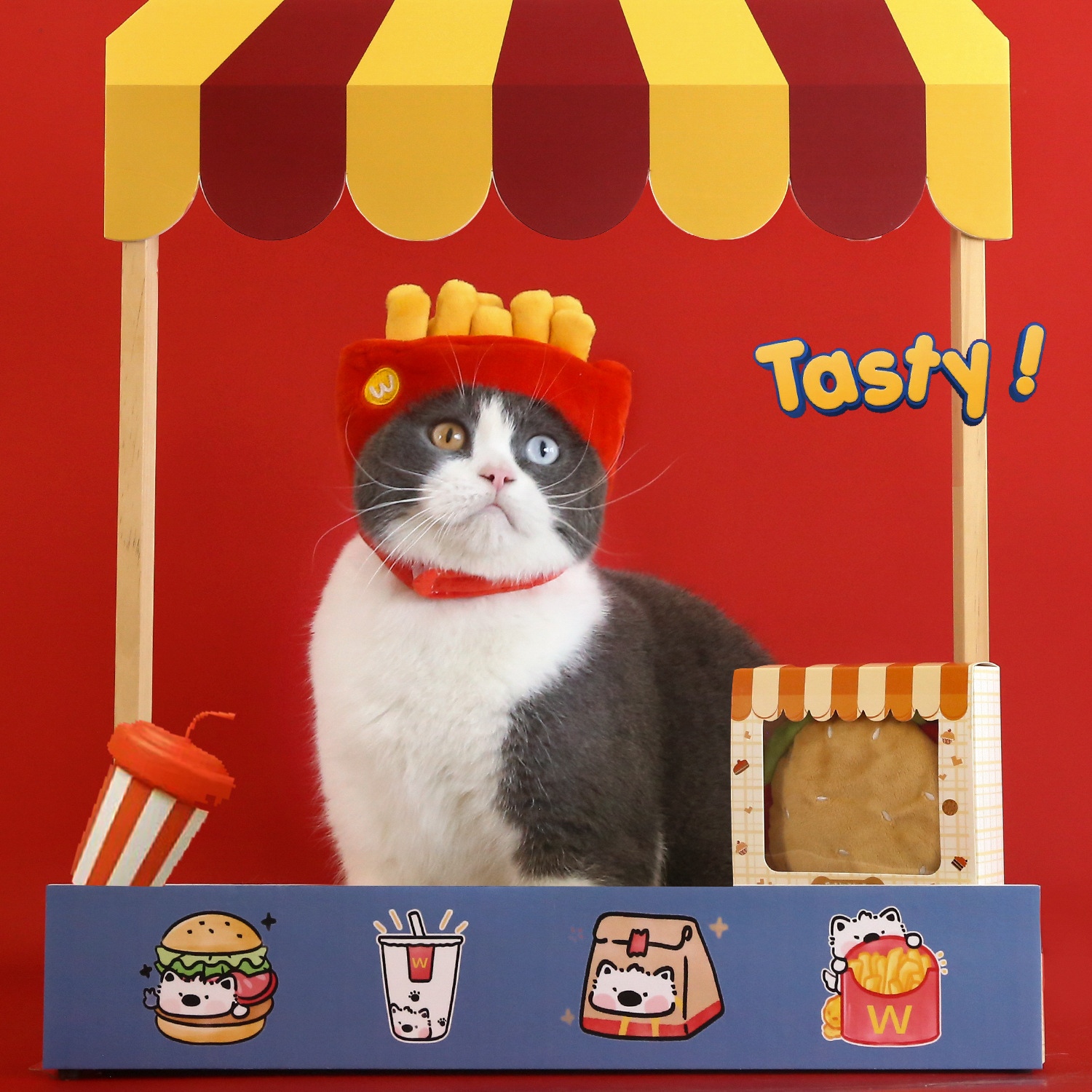 Big redondo mascotas hamburguesas patatas fritas dibujos animados bonitos sombreros gatos Teddy Bear fotografía toque de cabeza cálido toque de cabeza
