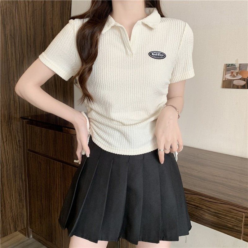 Large size American front shoulder polo neck short sleeved t-shirt for women 2024 new summer chubby mm top design_voghion.com