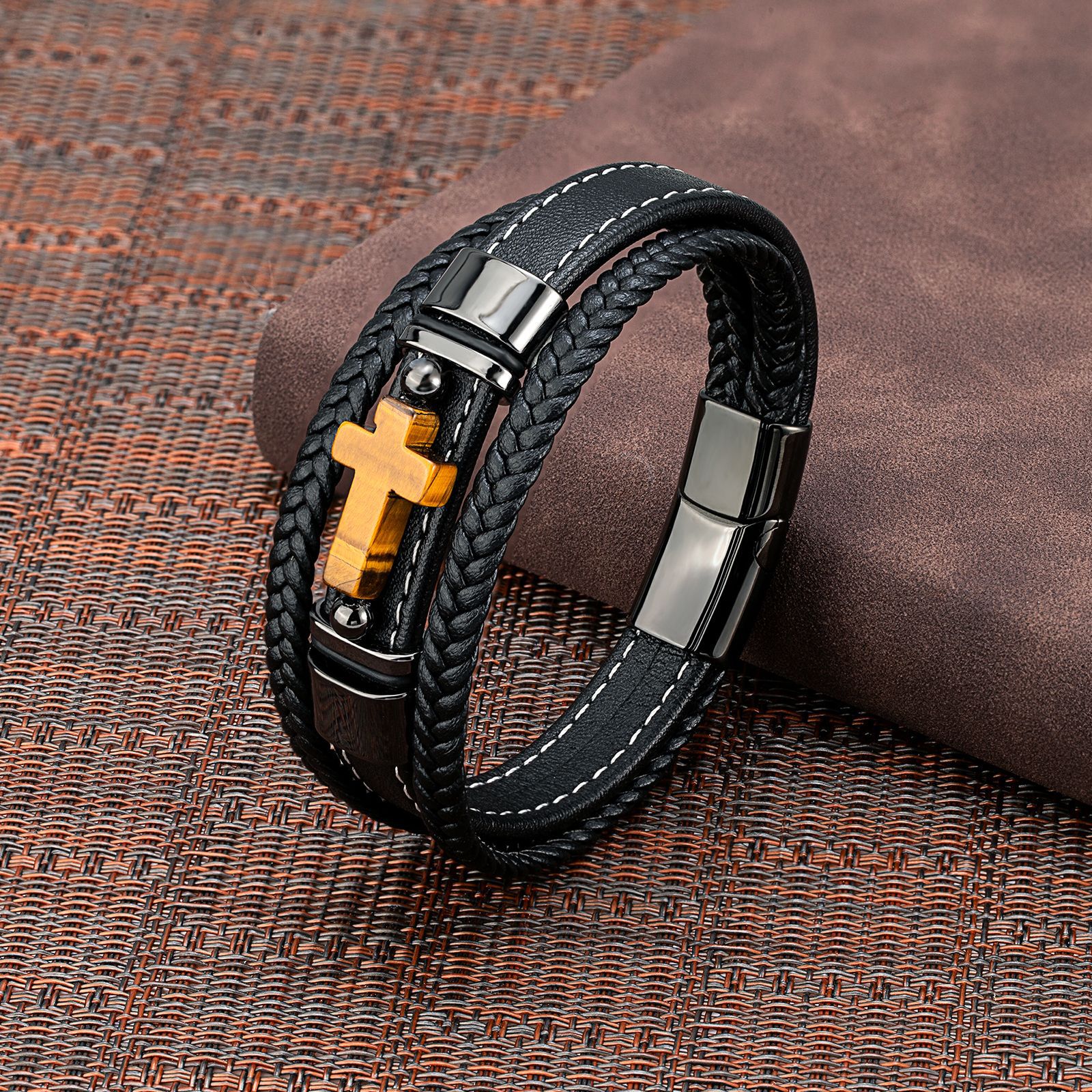 Cross-Border Hot Selling Retro Jewelry Natural Tiger Eye Stone Black Agate Cross Men's Stainless Steel 3-Layer Leather Rope Bracelet