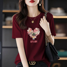 100%纯棉圆领印花T恤纯色百搭通勤休闲风短袖t恤大码显瘦半袖上衣