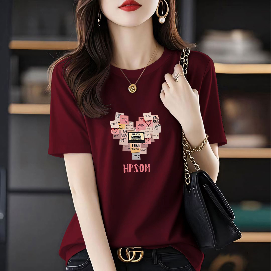 100%纯棉圆领印花T恤纯色百搭通勤休闲风短袖t恤大码显瘦半袖上衣