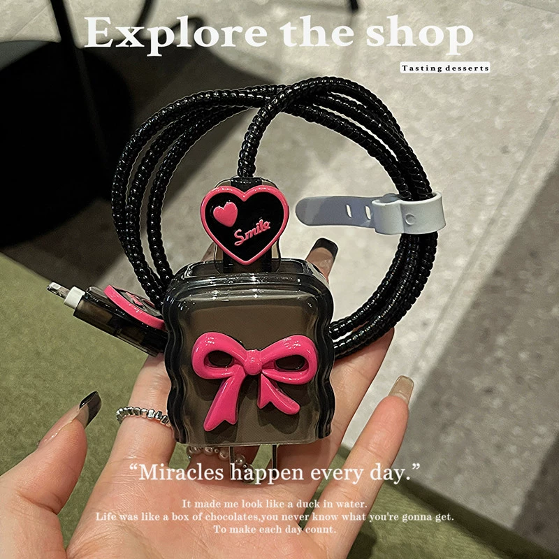 Data Cable Protective Cover, 20W Compatible with Apple Lightning Chargers, Bow Charm (4pcs)