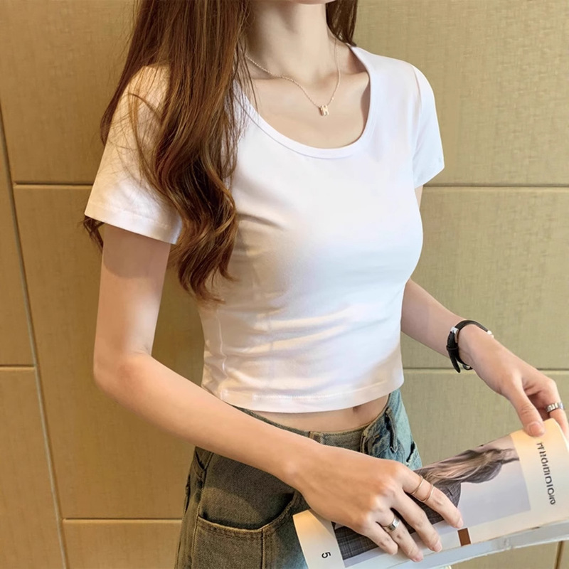Short Cropped T-Shirt for Women, Short Sleeve, 2025 New Design, Niche Low-Neck, Tight-Fitting Pure Cotton Top, Summer Ins Trend