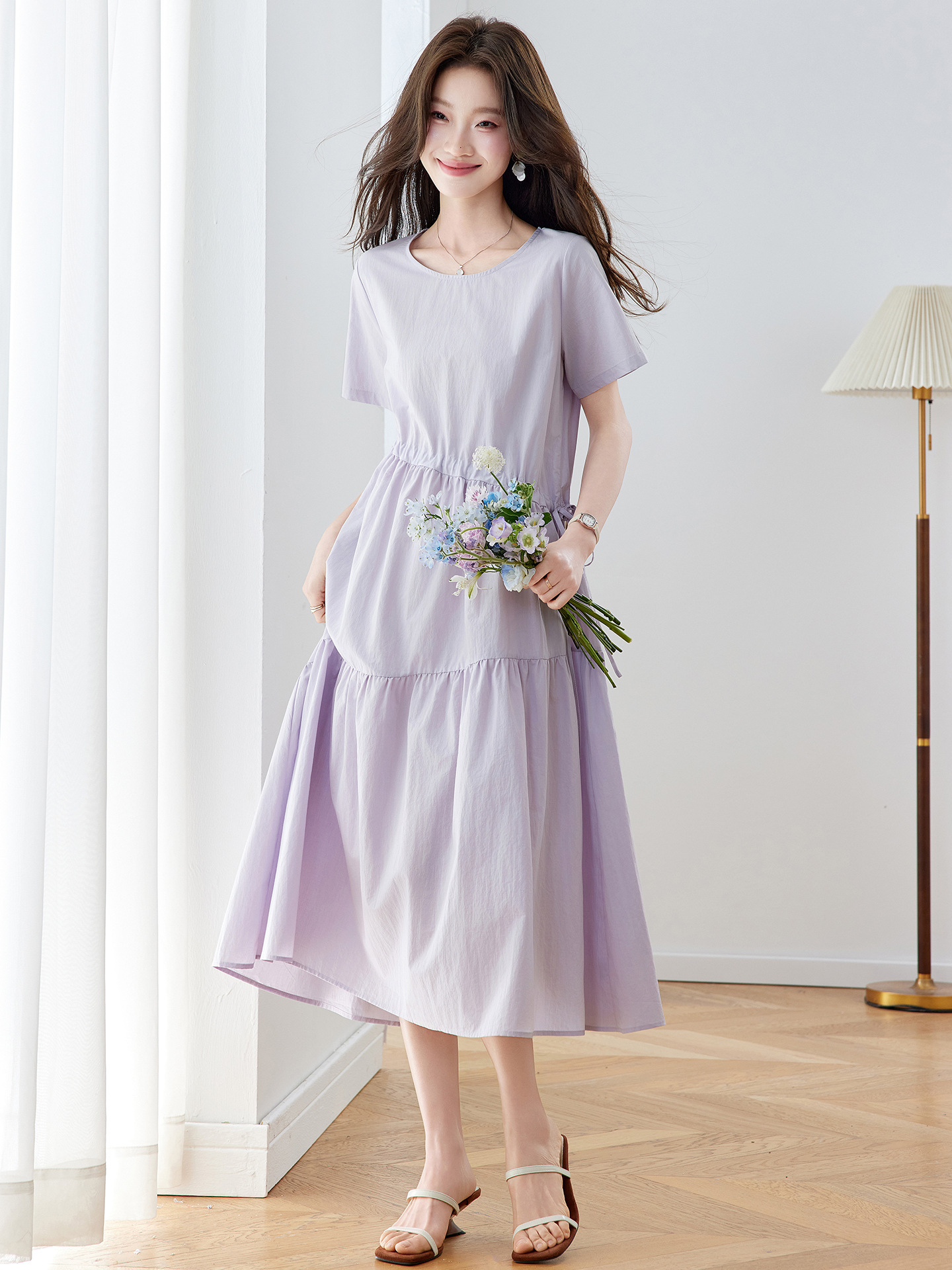 Đầm maxi nữ thắt eo dáng suông rút dây A-line tay ngắn JY2619 — màu tím nhạt, Vàng nhạt