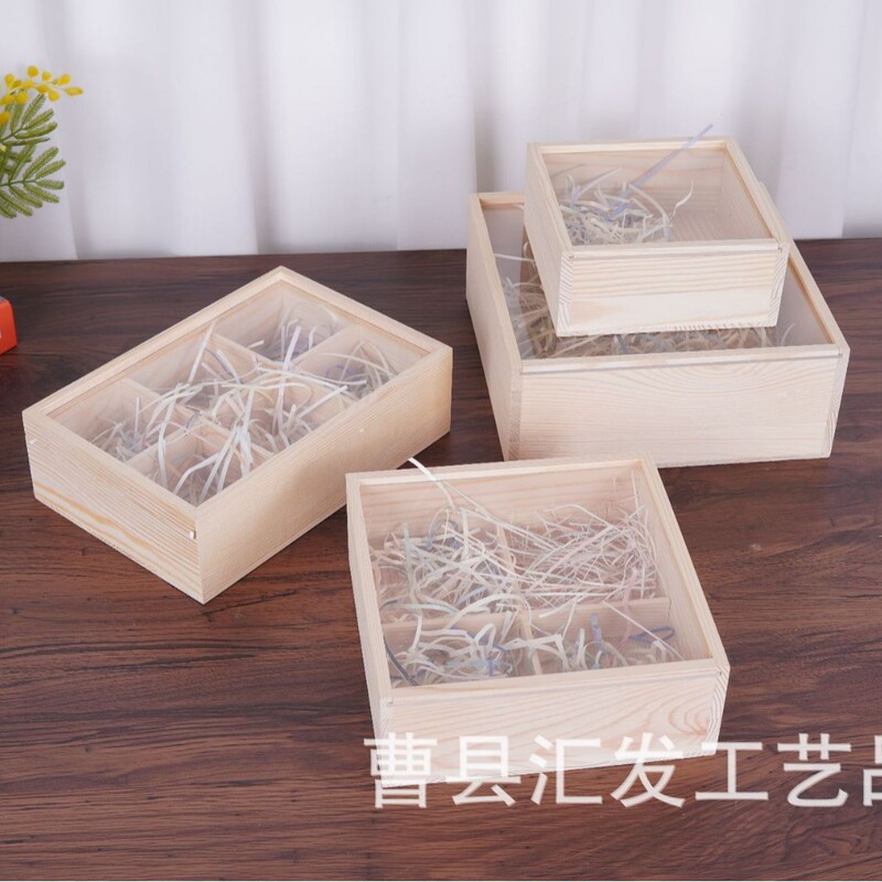 木箱卸売 ガラス蓋付き木箱 お土産木箱 月餅箱 4仕切りアクリル透明木箱|undefined